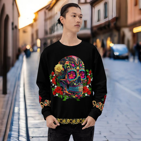 Vibrant Dia de los Muertos Sweatshirt with sugar skull motif from Cosmovisions' Dia de los Muertos collection